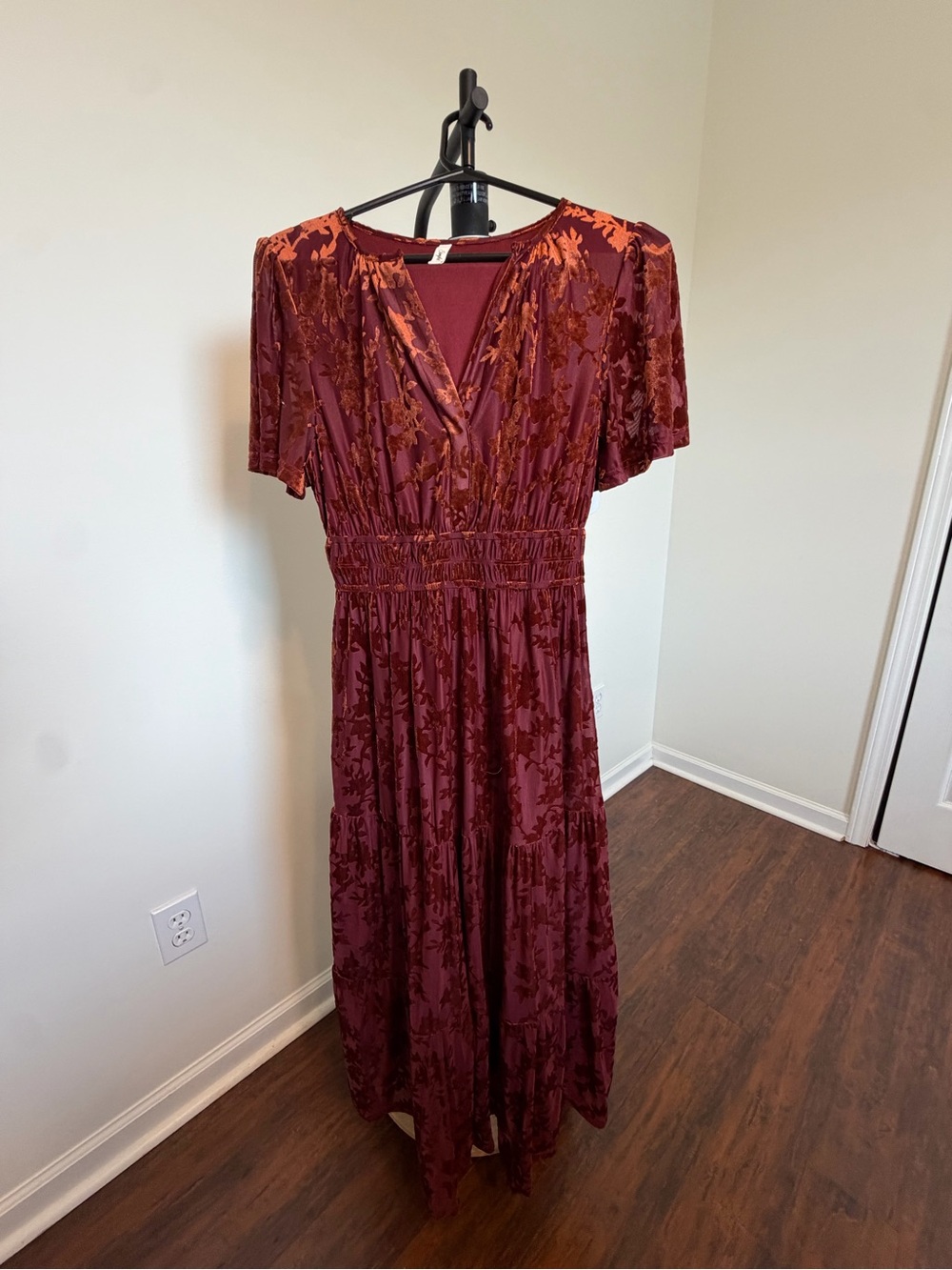 Simple Burgundy and Rust Velvet Floral Maxi Dress